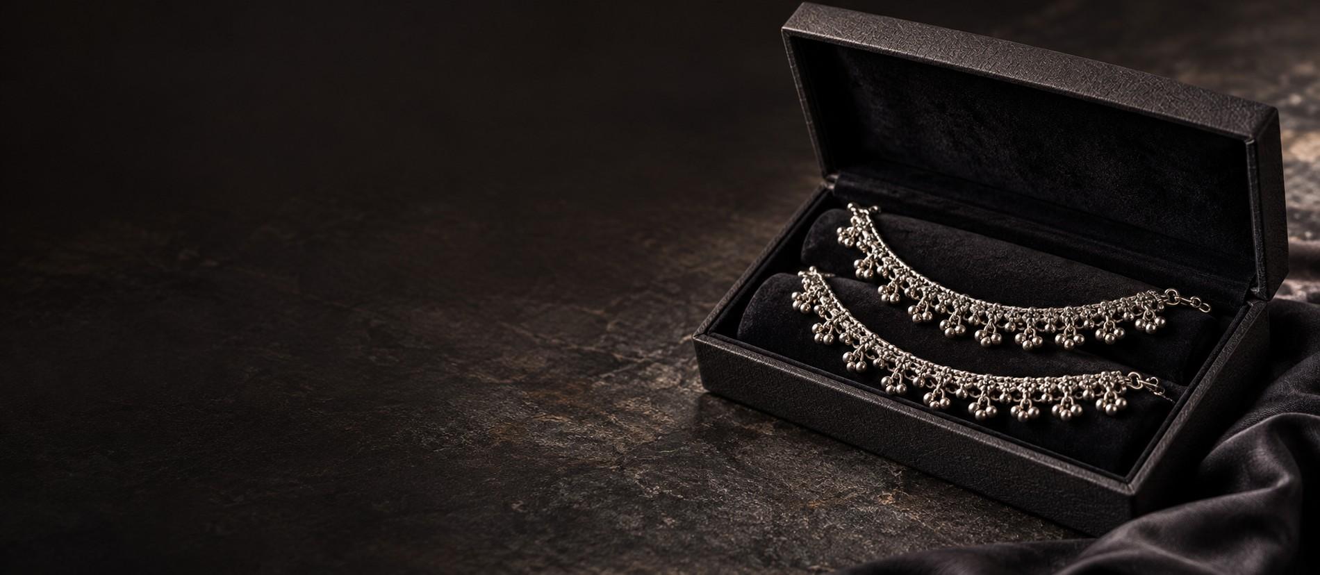 Silver-look ghungroo payal pair in a black gift box