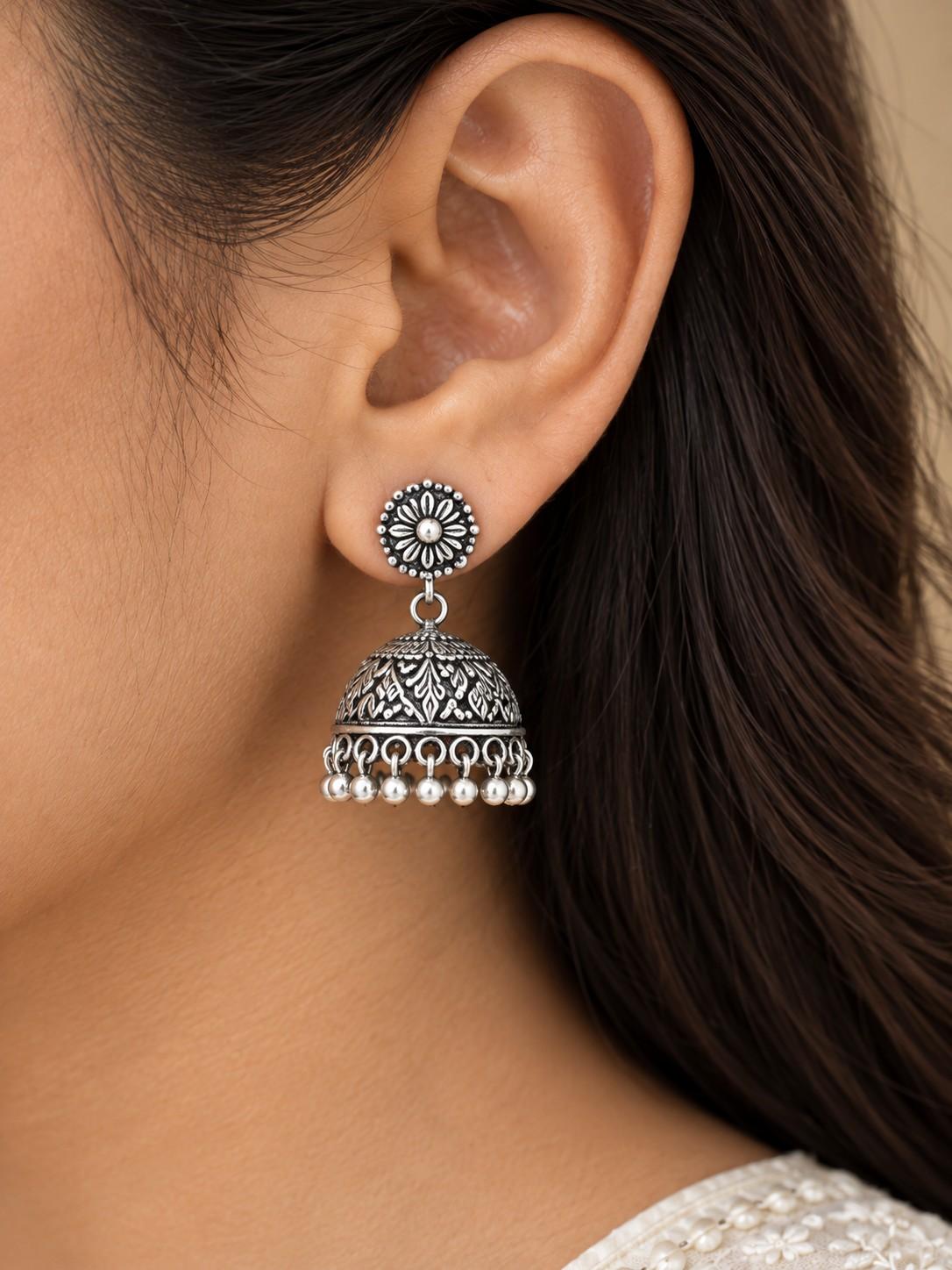 Oxidised silver-look jhumki earring with hanging bells